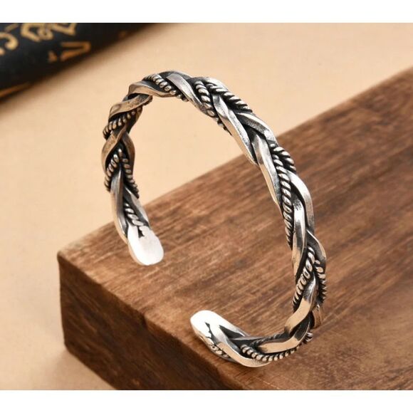 NEW Solid‎ Unisex Braided 925 Sterling Silver Cuff Bracelet, Adjustable 5.9cm - Picture 6 of 16